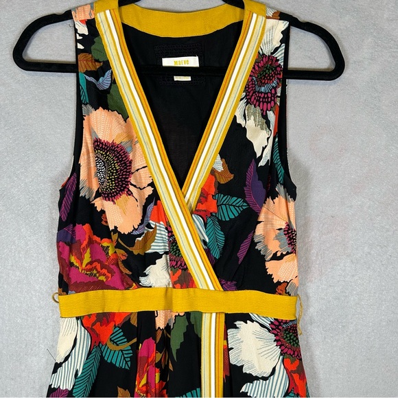 Anthropologie Maeve Botanica Floral Faux Wrap Midi Dress Size 6 Black Yellow - Picture 9 of 11
